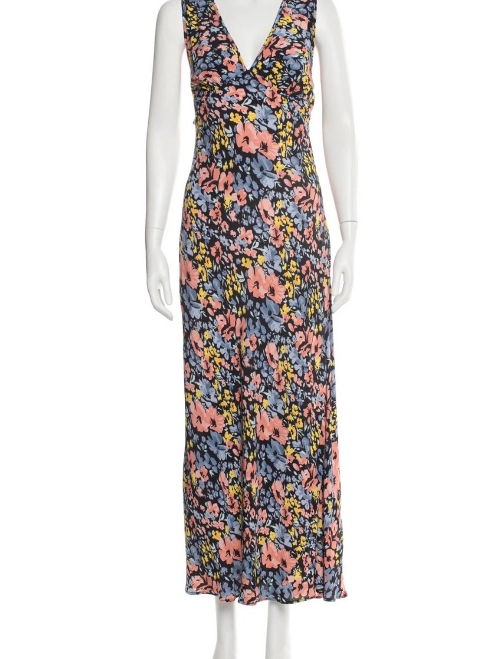 RIXO Floral V-Neck Maxi Dress in Navy with Pink, Blue & Yellow Blooms